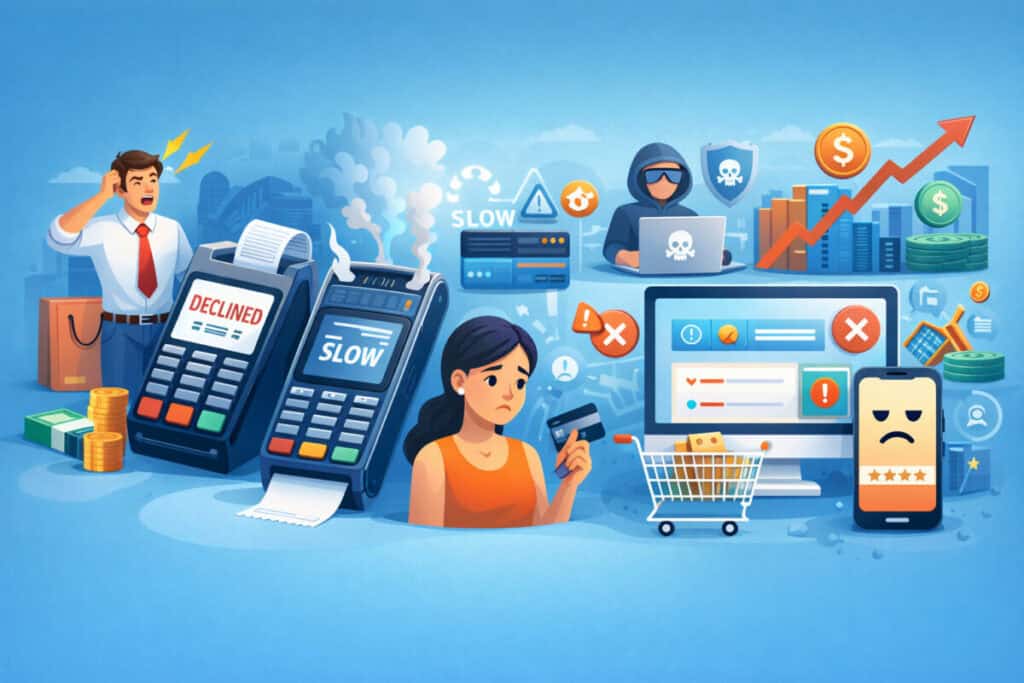Illustration showing common payment processing issues including declined transactions, slow checkout, security threats, and unhappy customers indicating need for a better payment processor