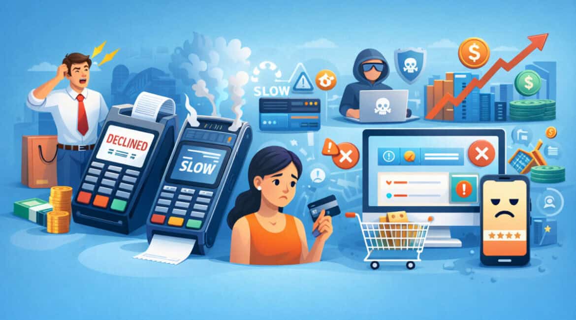 Illustration showing common payment processing issues including declined transactions, slow checkout, security threats, and unhappy customers indicating need for a better payment processor