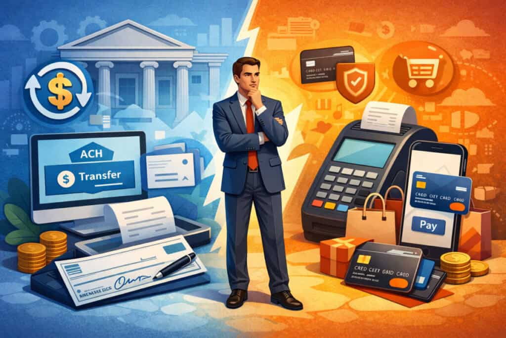 Illustration comparing ACH bank transfers and credit card payments, featuring business financial tools, POS terminal, banking interface, and digital payment icons in a split design