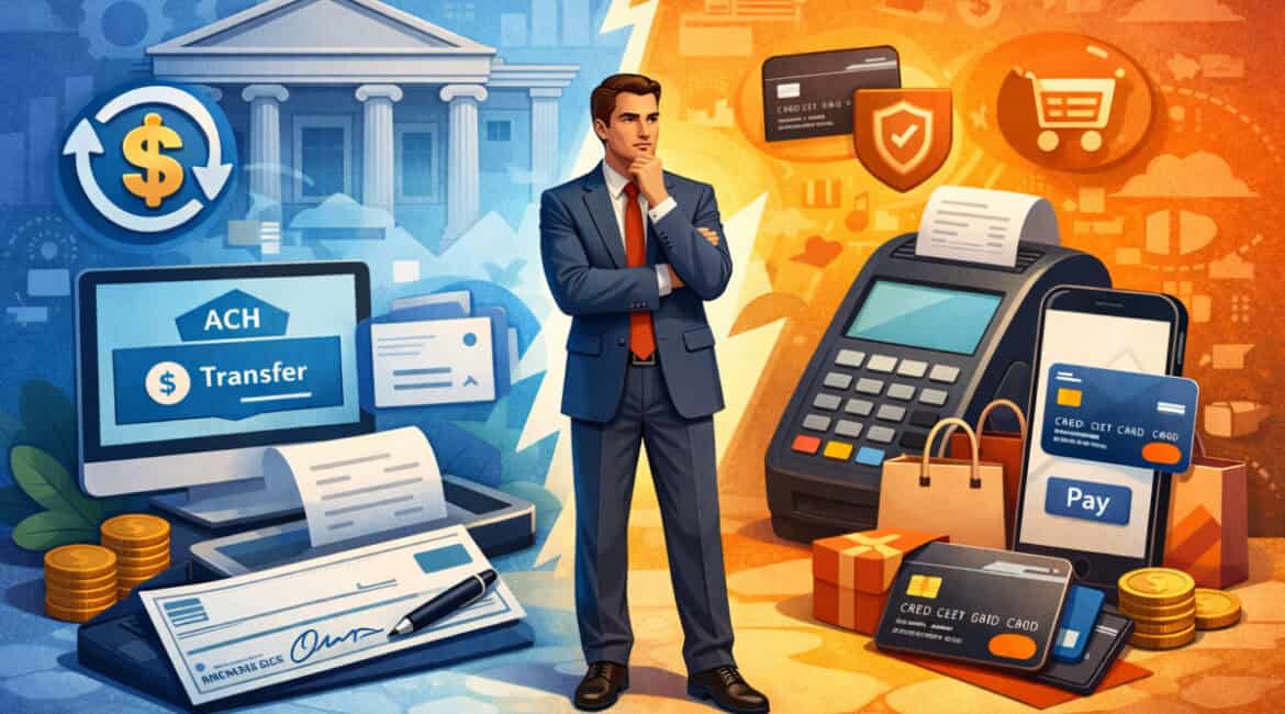Illustration comparing ACH bank transfers and credit card payments, featuring business financial tools, POS terminal, banking interface, and digital payment icons in a split design