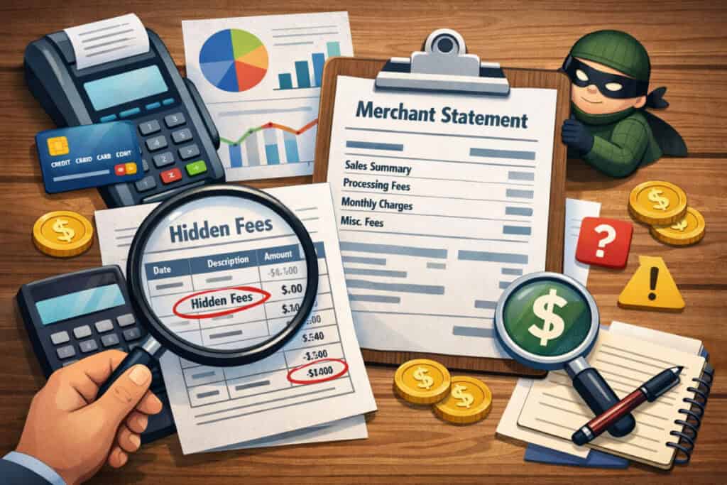 merchant statement on a desk with payment tools, magnifying glass highlighting hidden fees, charts, credit card, and financial icons representing fee analysis