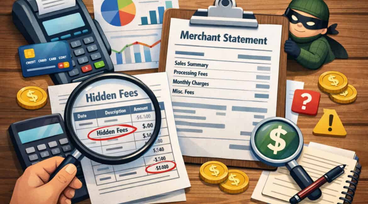 merchant statement on a desk with payment tools, magnifying glass highlighting hidden fees, charts, credit card, and financial icons representing fee analysis