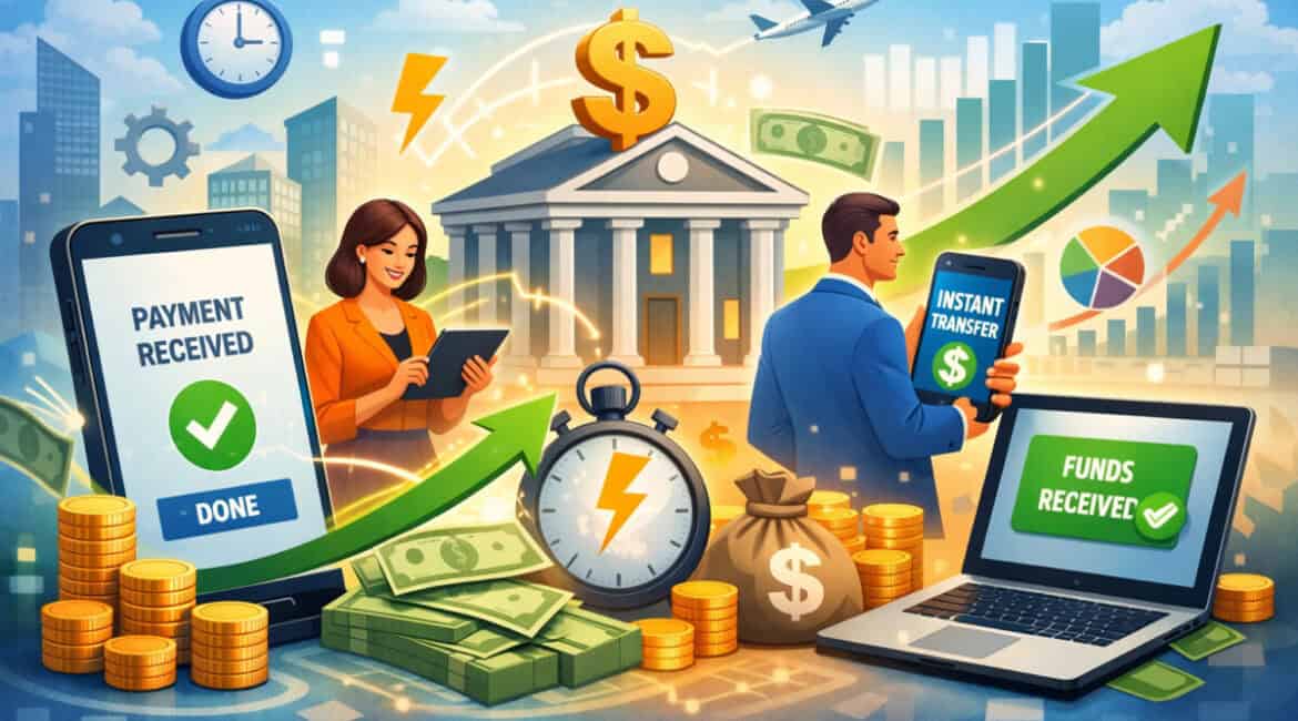 Instant payment settlement illustration showing real-time money transfer, digital banking apps, and growing cash flow with financial icons and upward trend