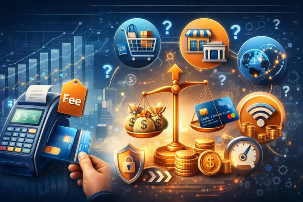 credit card interchange fees showing payment terminal, card transaction, balance scale, and icons representing factors like transaction type, business category, risk, and network costs influencing processing rates