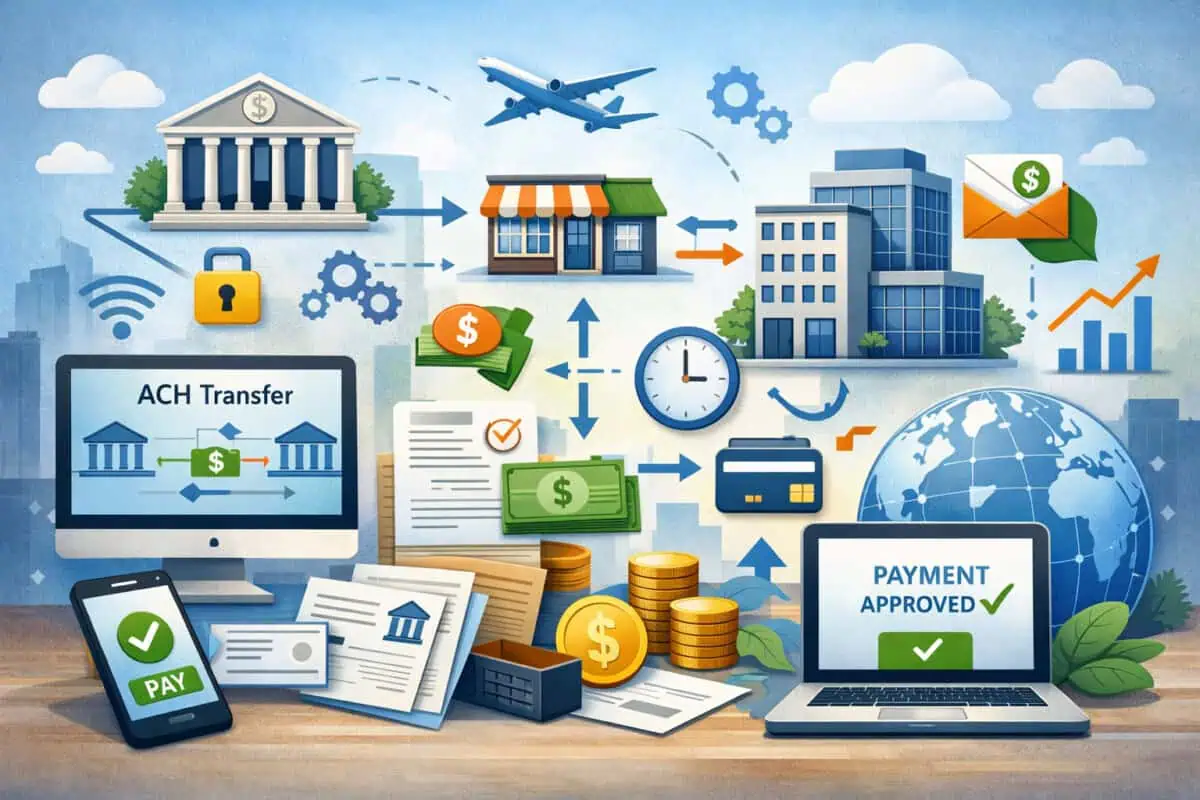 Illustration of ACH payment processing showing digital bank transfers, business transactions, online payments, and automated financial workflow between companies and banks