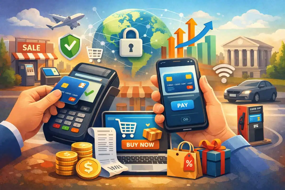 credit card payment ecosystem showing POS terminal transaction, mobile wallet, online shopping, and secure digital payments across global commerce